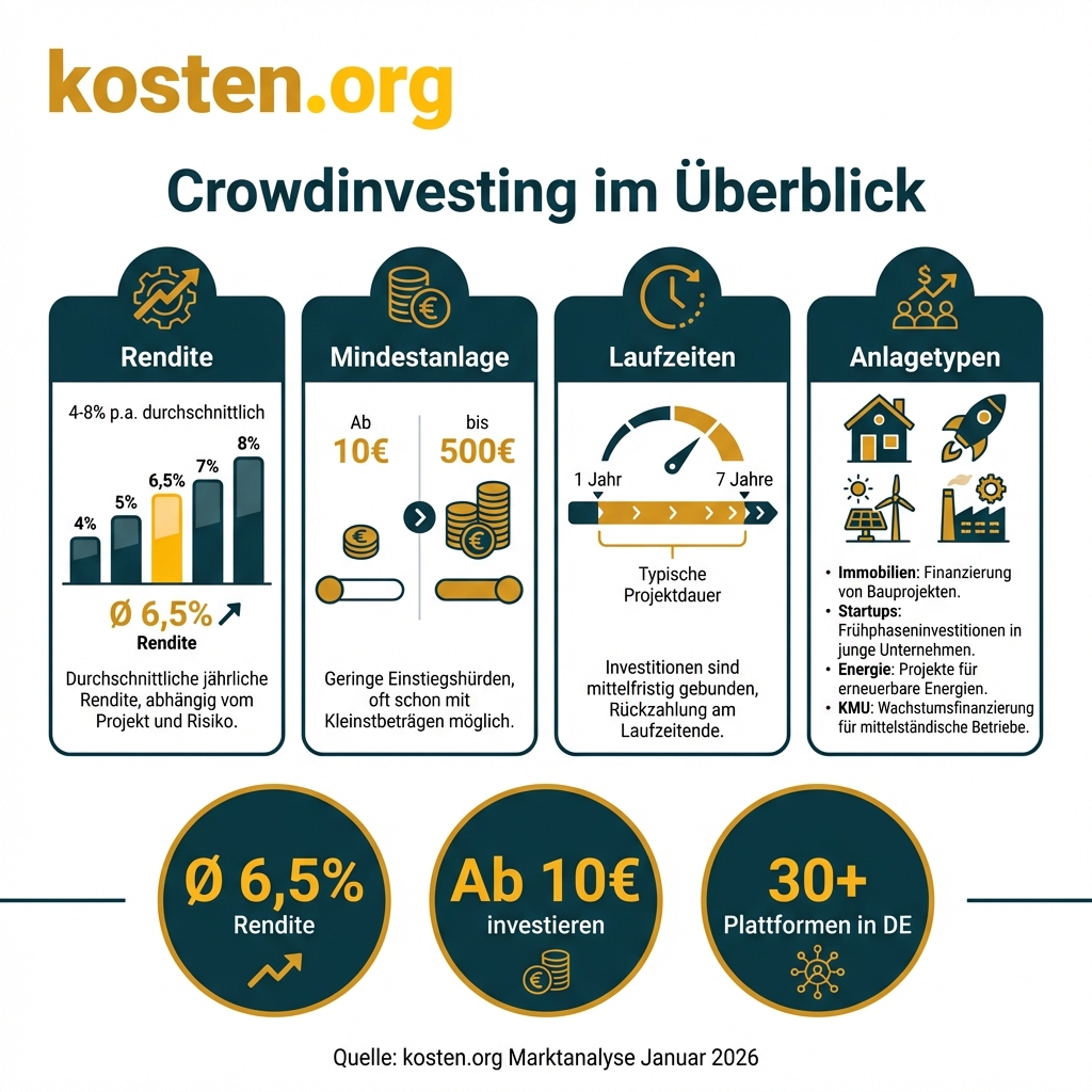 Infografik: Crowdinvesting im Überblick - Rendite, Mindestanlage, Laufzeiten und Anlagetypen