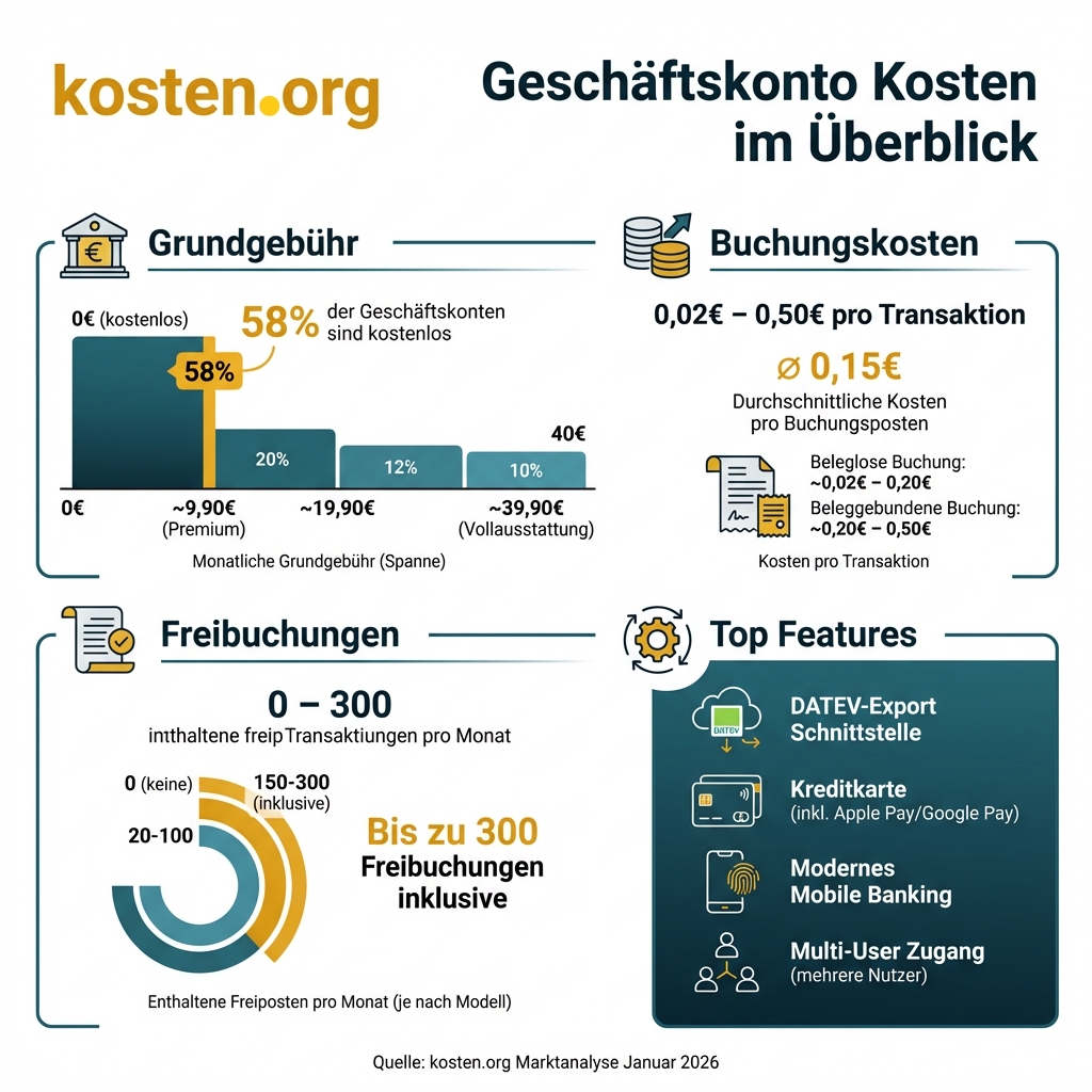Infografik: Geschäftskonto Kosten im Überblick - Grundgebühren, Buchungskosten und Features verglichen
