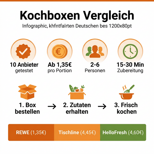 Kochboxen Vergleich Infografik – 10 Anbieter, ab 1,35€ pro Portion, 2-6 Personen, 15-30 Minuten Zubereitung